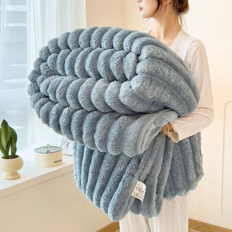 Solid Thickened Wide Striped Flannel Multifunctional Throw Blanket Luxury Faux Rabbit Fur Warm Bed Blankets Sofa Blanket,nap Blanket