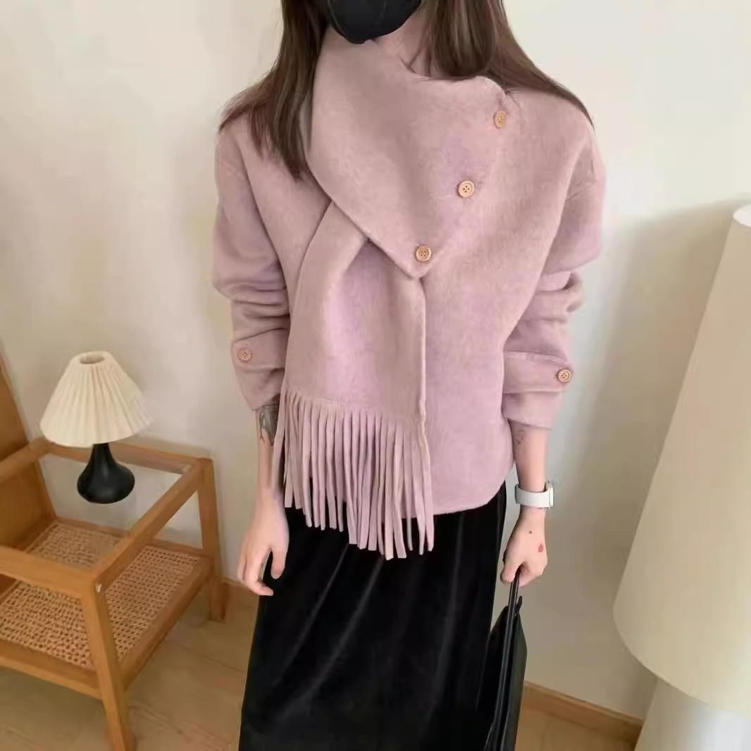 

Двусторонняя шерстяная куртка для осени и зимы в корейском стиле с коротким шарфом с кисточками для людей небольшого роста M