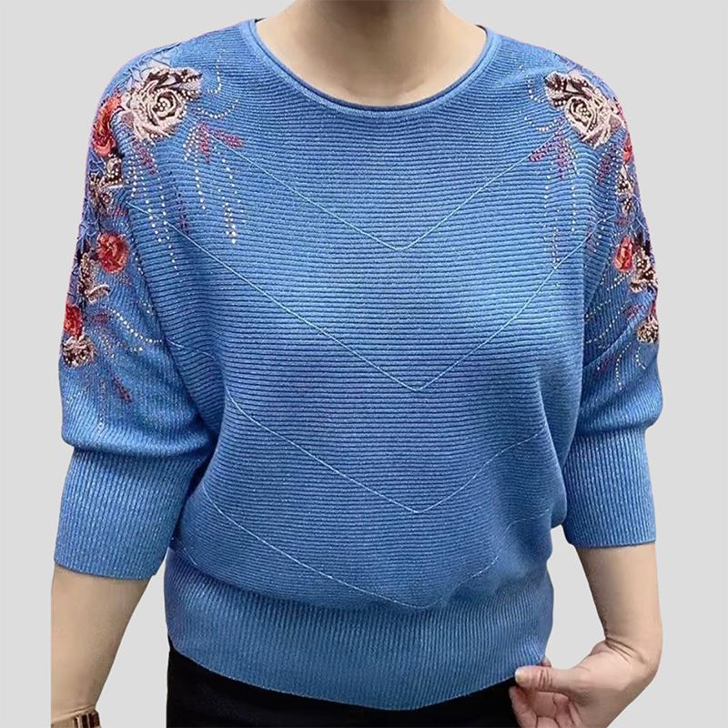 Women's Round Neck Plus Size Knit Sweater Loose Fit Three-Quarter Sleeve Embroidered Sweater Knitted Pullover Top