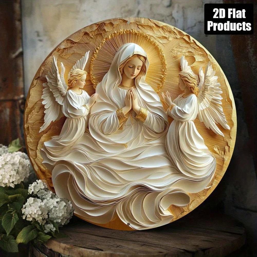 Vintage Metal Tin Sign Virgin Mary Religious Icon Wall Art 8 Inch Round Decor for Home Kitchen Bar Cafe