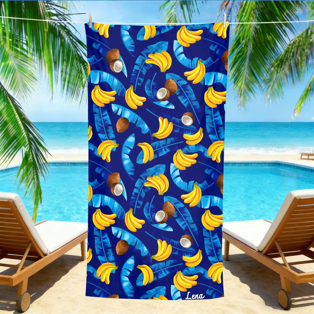 

Tropical Banana & Coconut Beach Towel – Oversized Quick Dry Sand Free with Blue Palm Leaf Print for Summer W40*H60(CM)