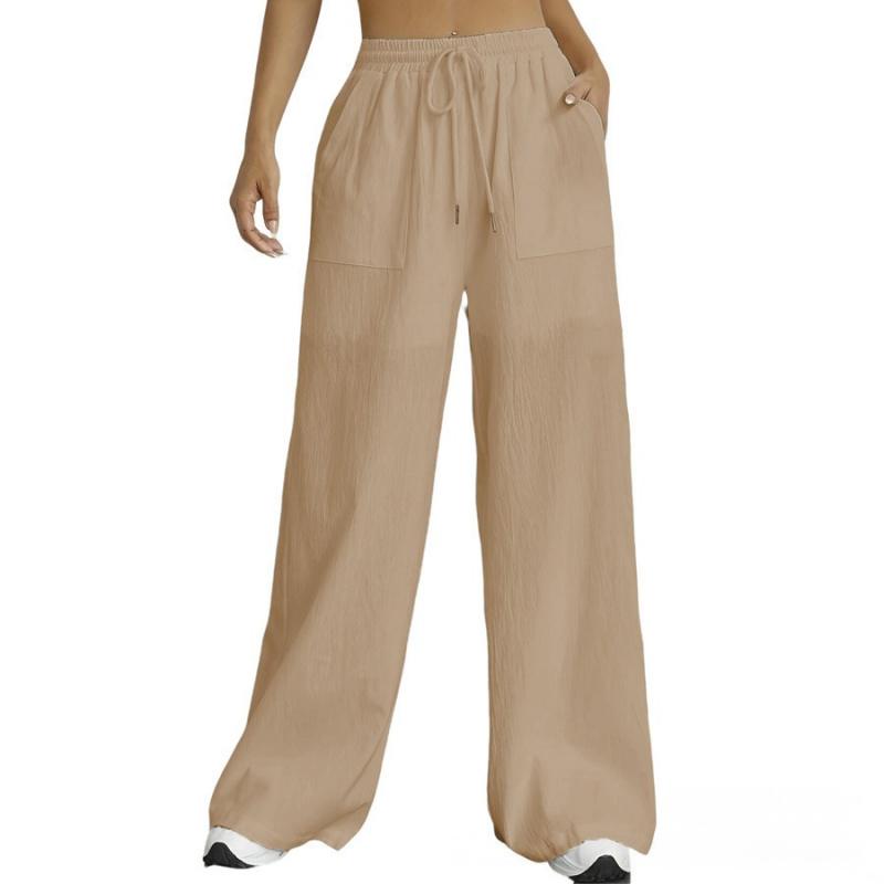 

2026 New Women s Casual Solid Color Drawstring Straight-Leg Slightly Flared Pocket Pants XXXL