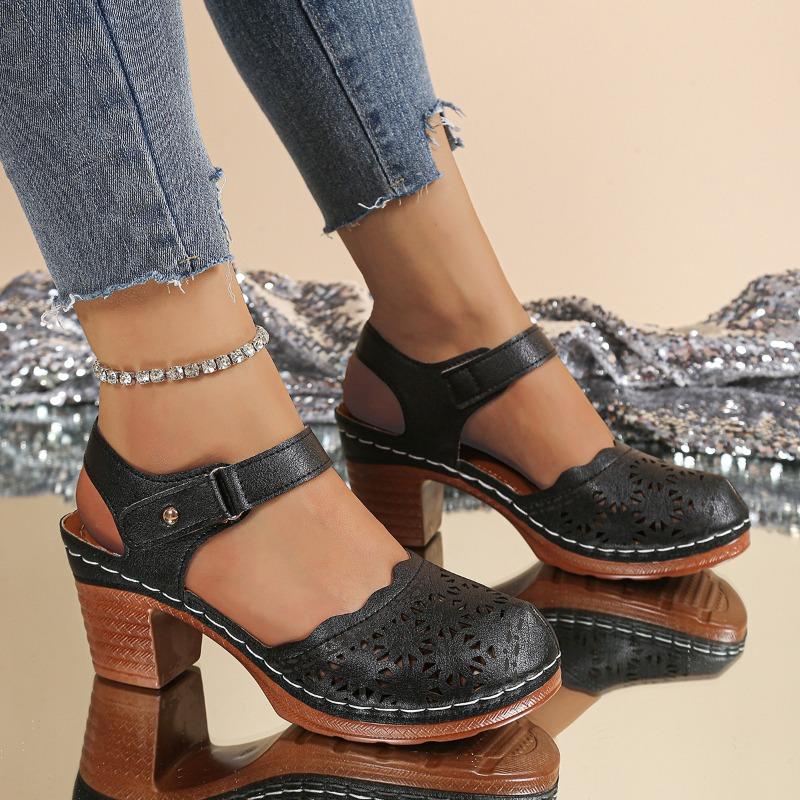 

Baotou sandals women s new rear empty thick heel large size retro hollow women s sandals high heel round head sandals 36