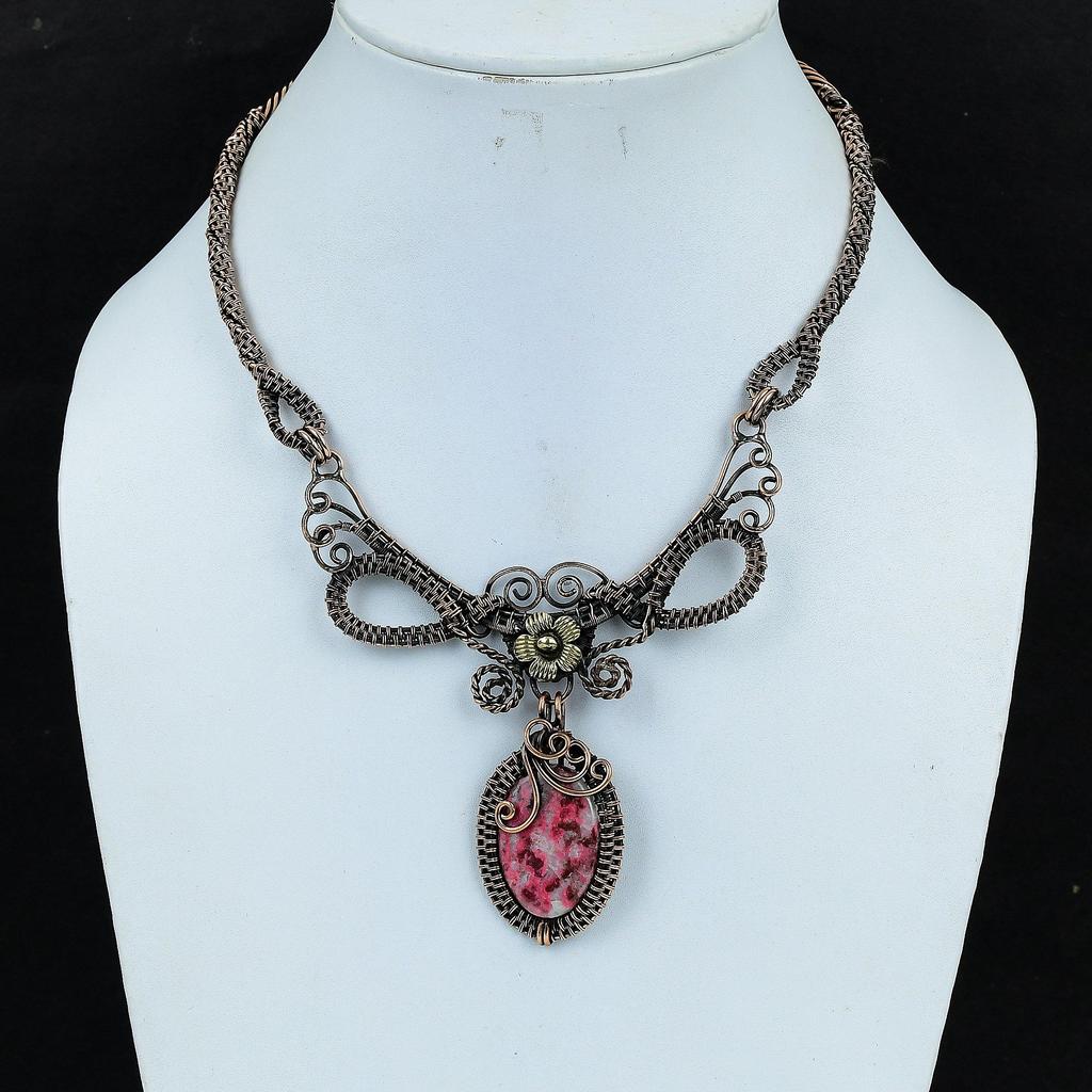 Pink Thulite Necklace Handmade Jewelry, 999 Copper Wire Wrapped Necklace Designer Gemstone Jewelry Adjustable Chain Necklace Gift For Mom
