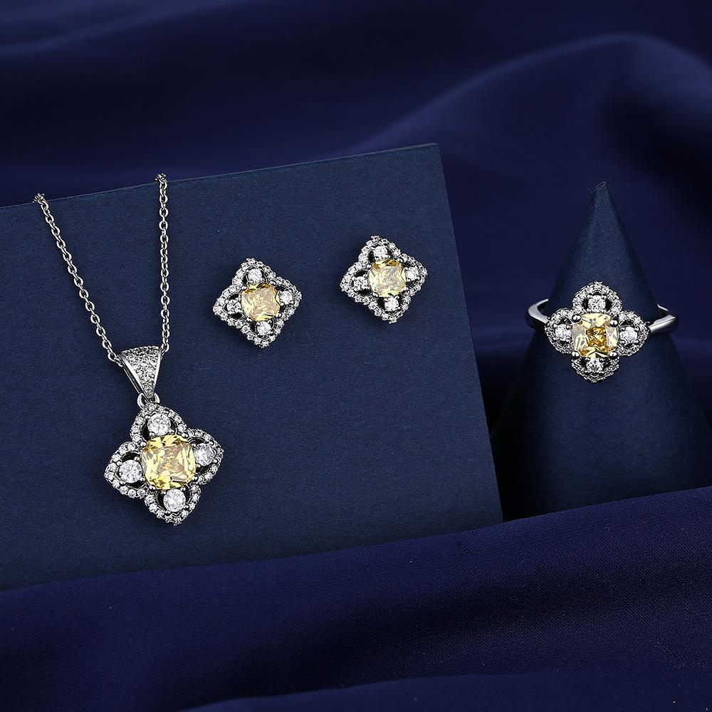 New Yellow Diamond Four-leaf Clover Set Luxury Inlaid with Diamond Women s Ring Necklace Earrings Ring Size:Adjustable