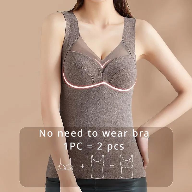 Winter Women's Velvet Thermal Vest Sleeveless Thermal Underwear with Bra Pads Sleeveless Bottoming Shirt Fleece Undershirt with Bra Pads