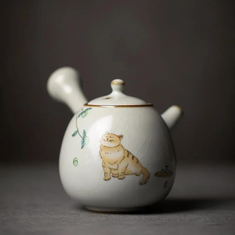 230ml Chinese Ru Kiln Side Handle Teapots Handmade Cute Cat Pattern Ceramic Kettle Travel Portable Filter Tea Pot Home Tea Set