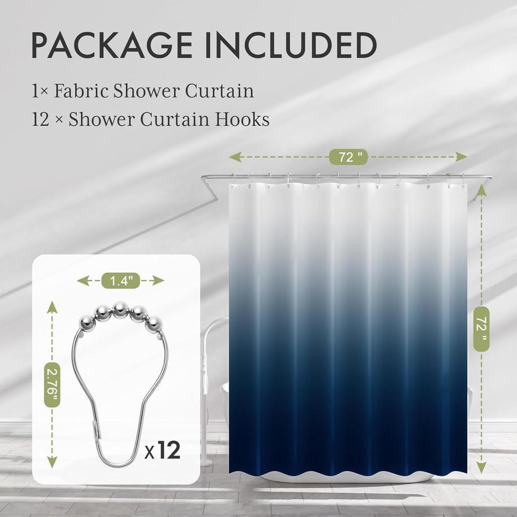 Blue Curtain Set With 12 Hooks, Washable Fabric Navy And White Curtain, Rustic Farmhouse Bathroom