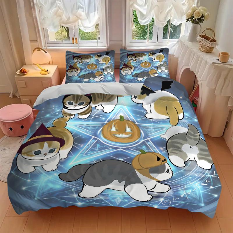 3pcs Halloween Spellbound Cats Quilt Cover Set - Soft and Cozy Bedroom, Guest Room and Dorm Decorative Bedding