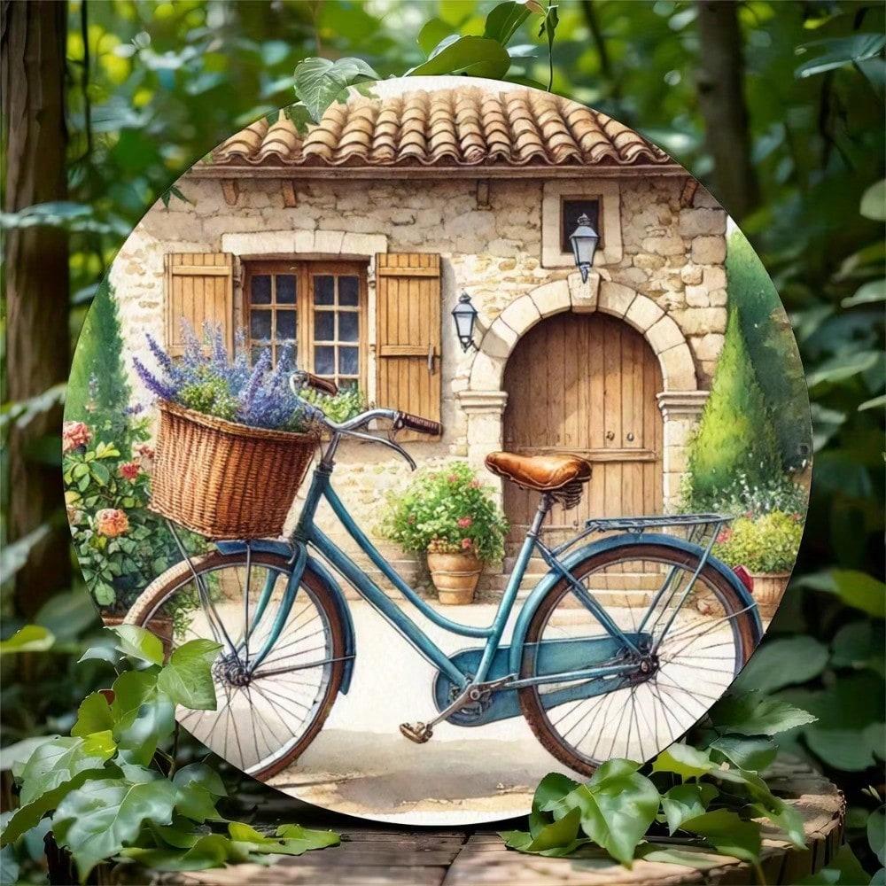Vintage Floral Metal Tin Sign Round Bicycle Wall Art Rustic Retro Decor 20x20