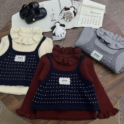 Pull en tricot doux pour fille, style deux-pièces en similicuir, Automne/Hiver, avec petit revers