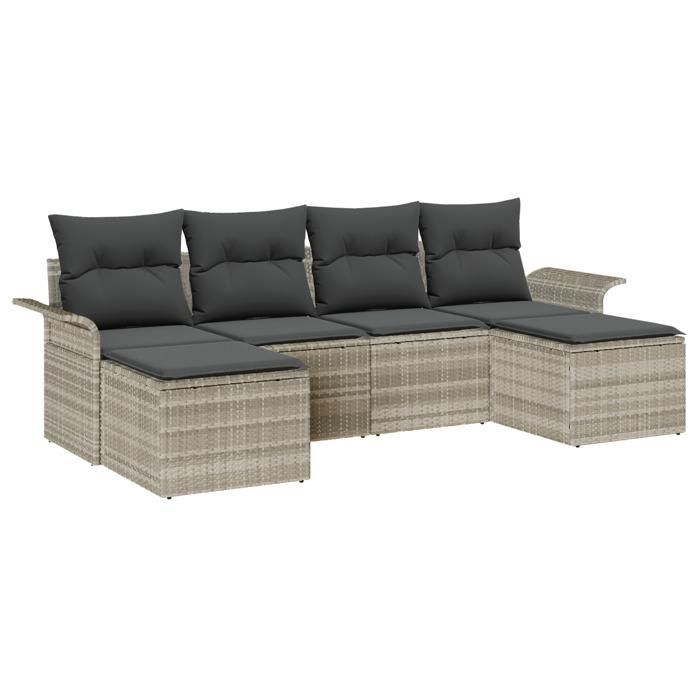 Ensemble de canapé de jardin de 6 pièces avec coussins en rattan synthétique gris clair, Canapé de jardin de 2 places 3354141
