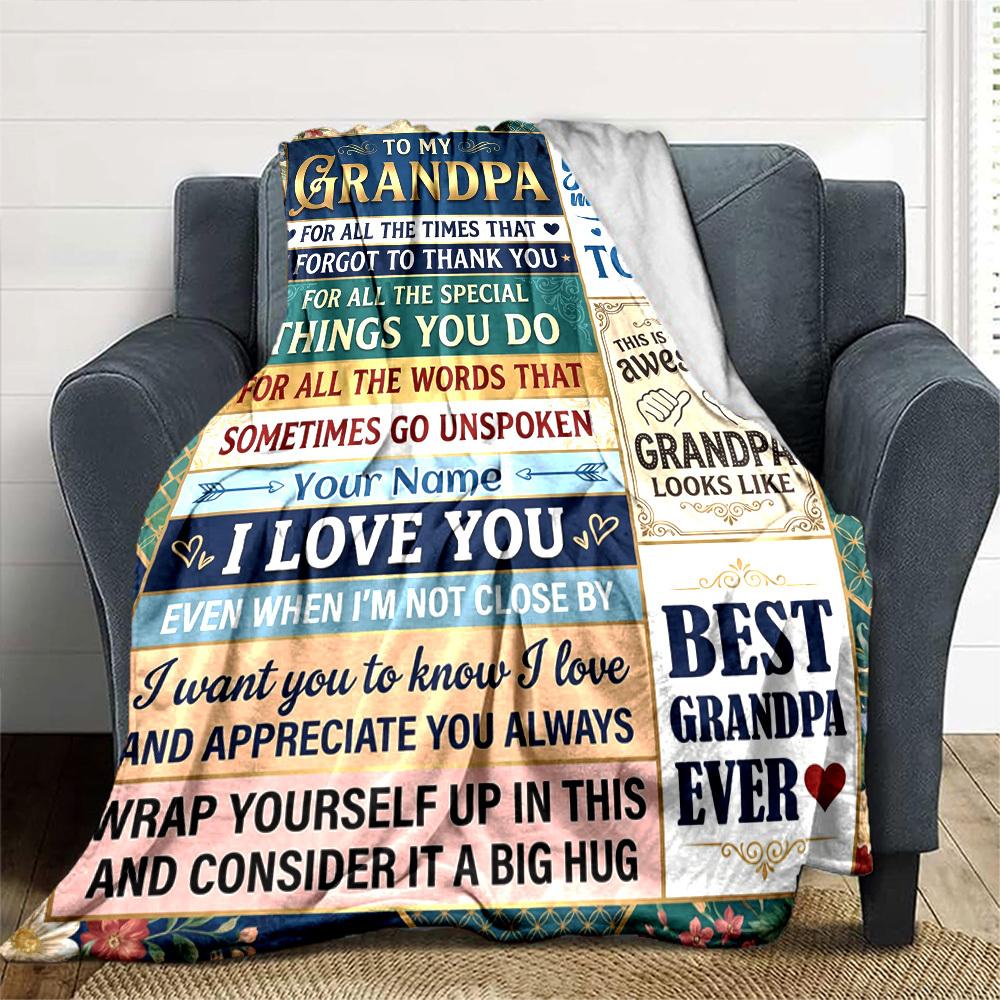 Grandpa Appreciation Greeting Card Customized Name Birthday Plush Blanket Suitable For Both Men And Women Digital Printing Fantasy Theme All Seasons