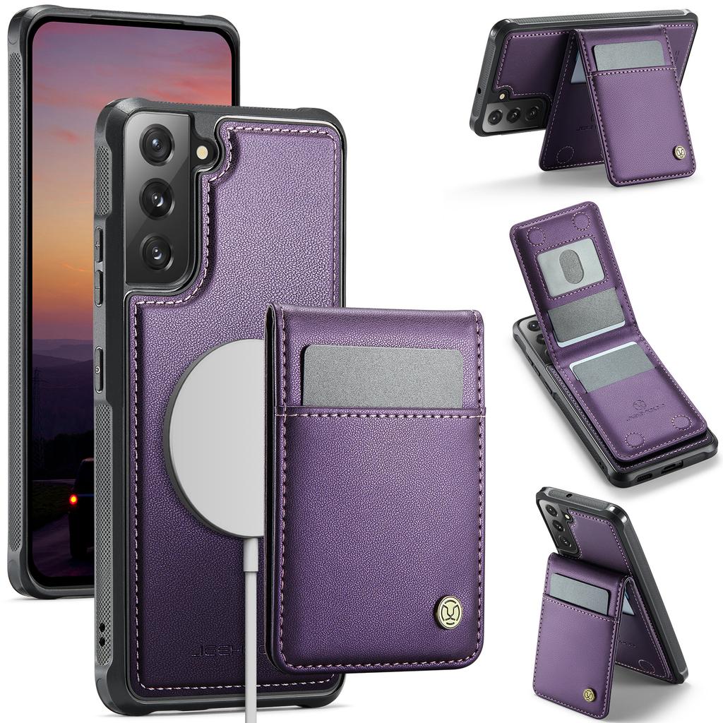 For Samsung Galaxy S22 5G Leather Back Cover Magnetic Case JEEHOOD J06 Phone Case with Card Bag RFID Blocking