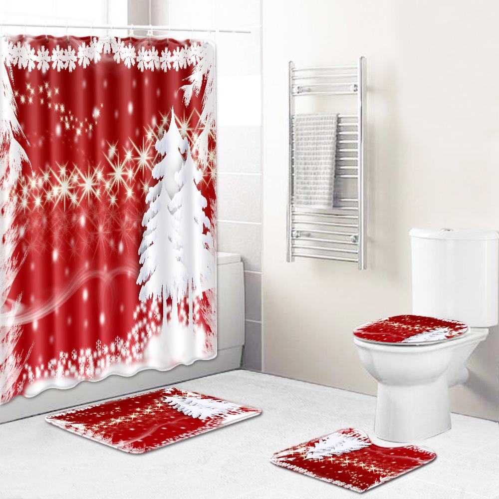 Christmas Toilet Seat Shower Curtain Four-Piece Printed Floor Mat Set Bathroom Floor Mat Bedroom Absorbent Door Mat Carpet