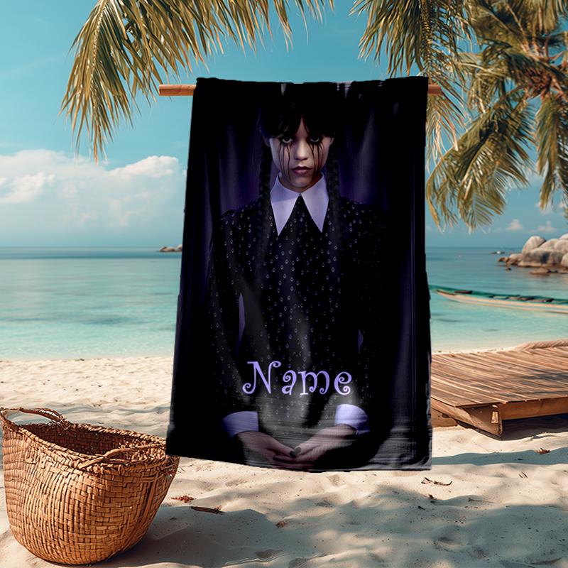 Custom Name Ultra-Soft Beach Towel with Wednesday Theme,Ideal for Pool - Camping, Diving - Perfect Travel Essential, Vibrant Beach Towel.
