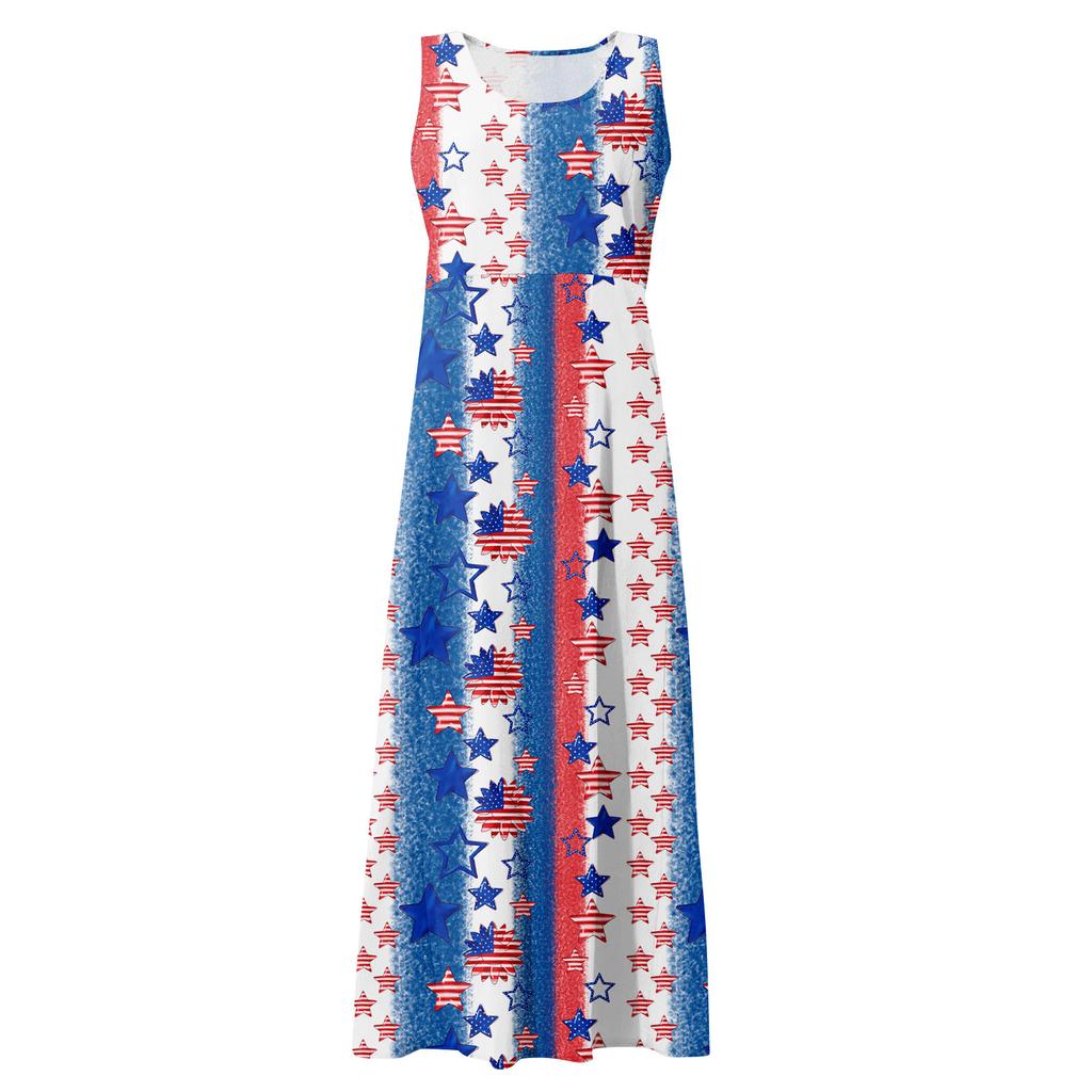 Women's Fashion Casual Independence Day Print Sleeveless Cotton Linen Pocket Dress