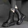 Botas de Couro Femininas Cano Alto Casual Bota de Algodão Pelúcia Quente Botas de Inverno para Mulheres Antiderrapante Botas de Plataforma Botas Mujer
