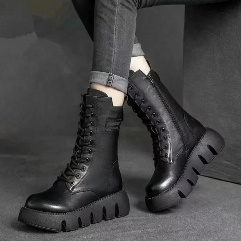 Botas de Couro Femininas Cano Alto Casual Bota de Algodão Pelúcia Quente Botas de Inverno para Mulheres Antiderrapante Botas de Plataforma Botas Mujer