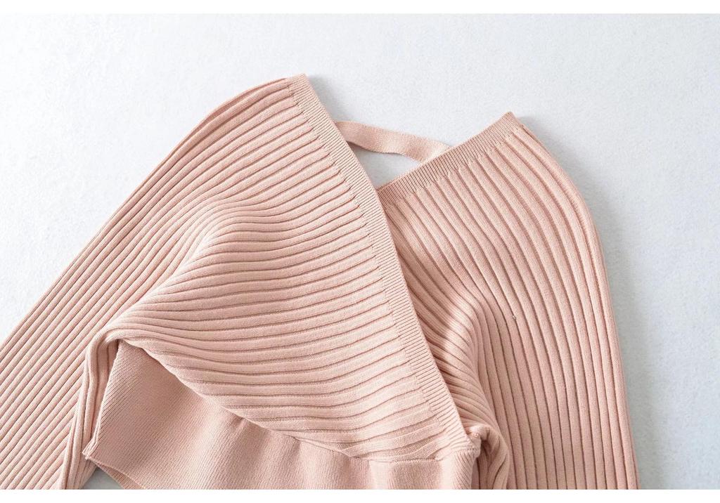 Women's One-Shoulder Long Sleeve V-Neck Waist-Cinching Knit Sweater - Slimming Ribbed Off-the-Shoulder Top