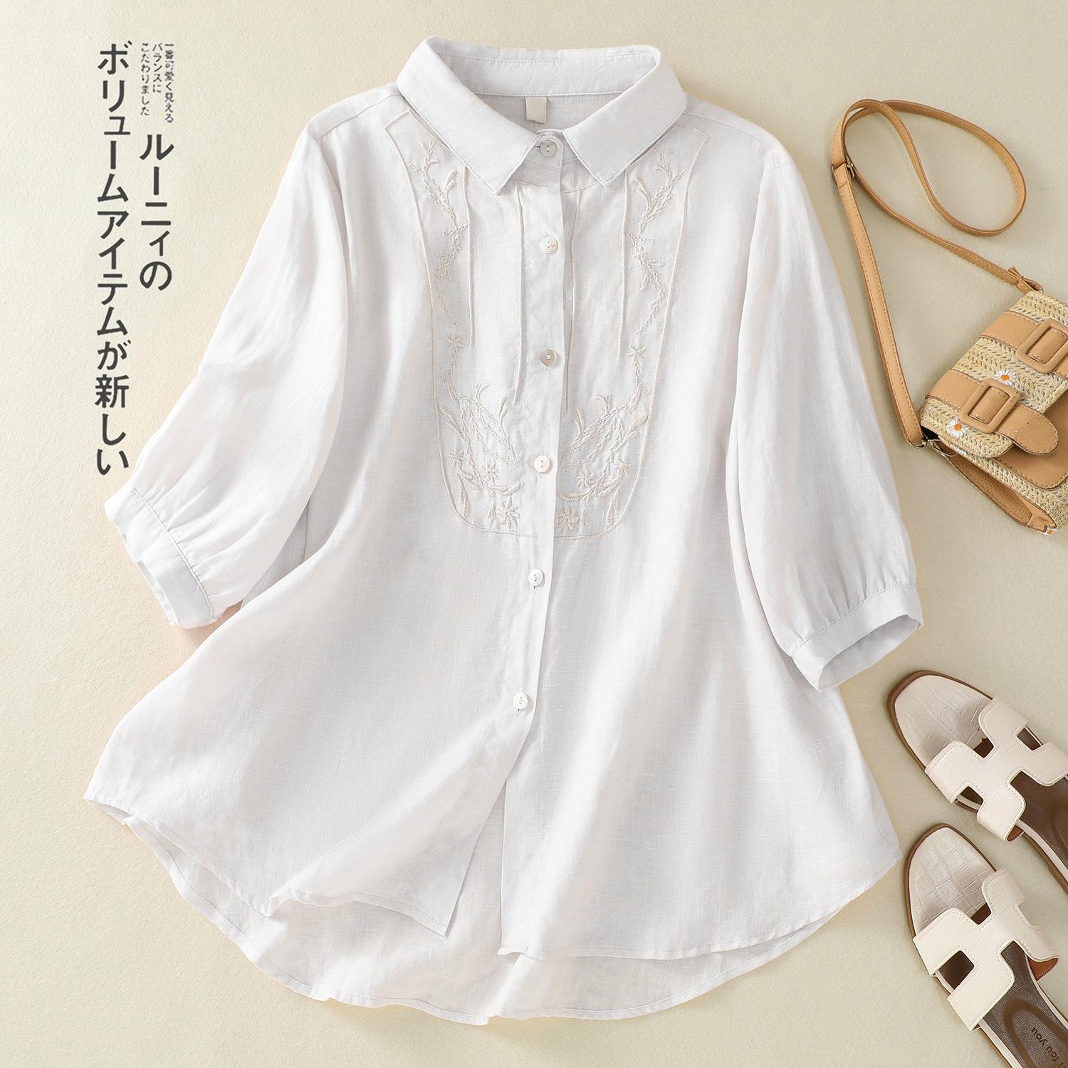 

2025 summer new light and breathable cotton and linen shirt women s commuter versatile shirt simple embroidered cardigan top 2XL білий