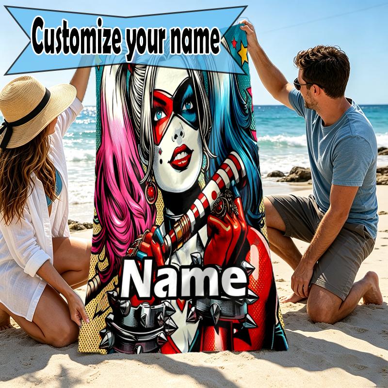 Custom Name Personalized Harley Quinn Joker Print Beach Towel, for Trip Camping Beach Party Home Decor, Birthday Gift for Family & Friends