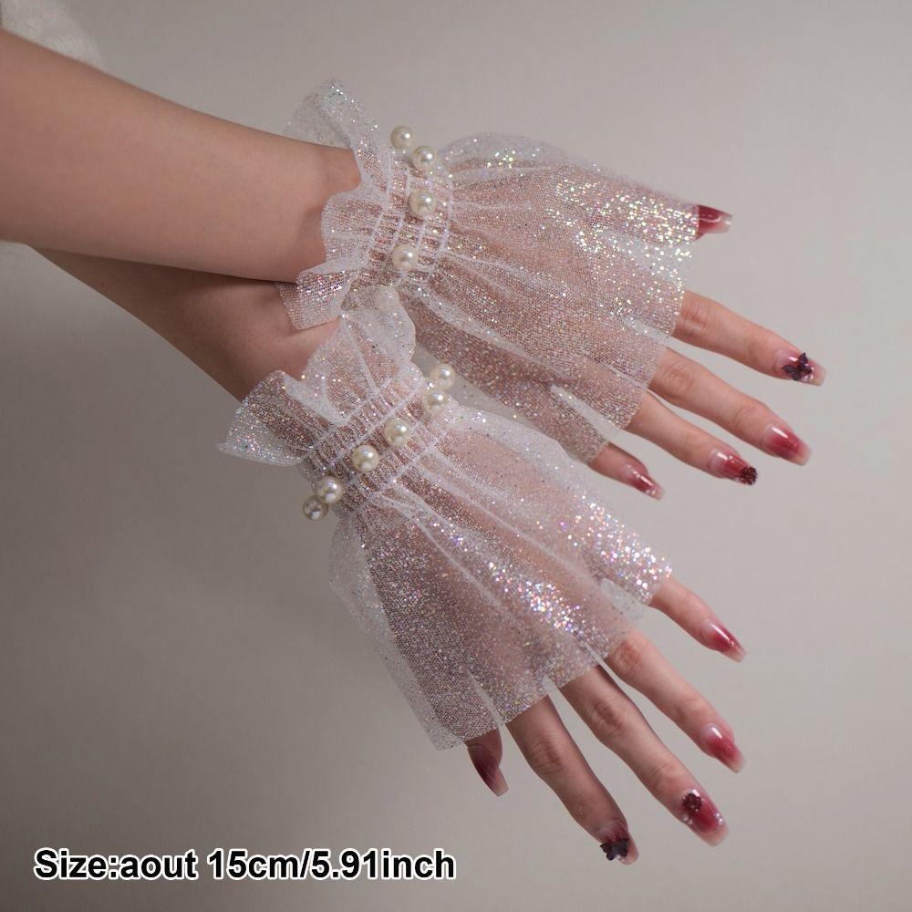 Fashion Accessories Glitters Shining Arm Sleeves Pearl Decoration White False Sleeve Cuffs Wrist Cuff Nails Photography Studio