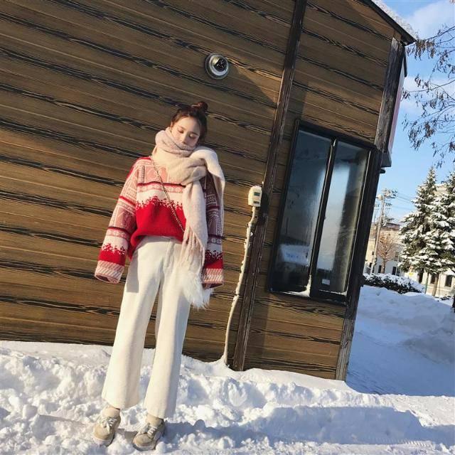 Pofulove Fashion Christmas Red Autumn Winter Lazy Loose Sweater Outerwear Women Autumn Winter Korean Style