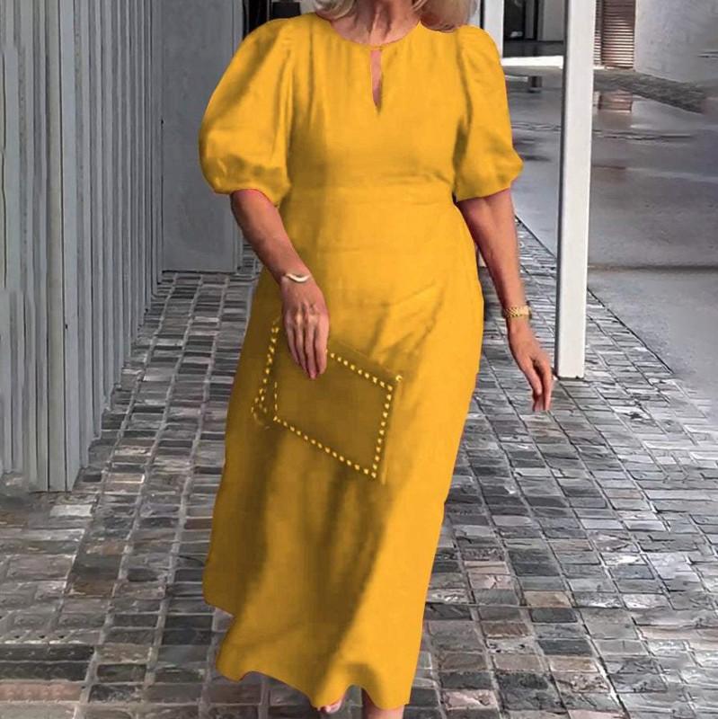 

Весенне-летние женские однотонные свободные повседневные платья с круглым вырезом и рукавами-пузырьками 5XL жёлтый
