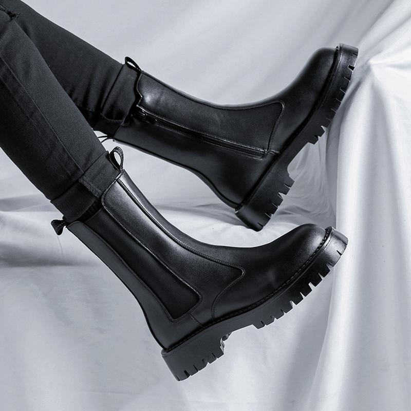 New Design Black Leather Boots Men Platform Boots British Style Men's Basic Boots Zipper High Top Winter Shoes Men botas hombre