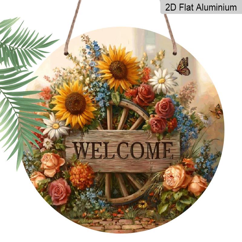 

2D Flat, 1pc Rustic Farmhouse Welcome Sign - Sunflower Wreath Aluminum Metal Wall Decor with Vintage Lettering & Welcome Signage, Perfect for 7.87×7.87inch