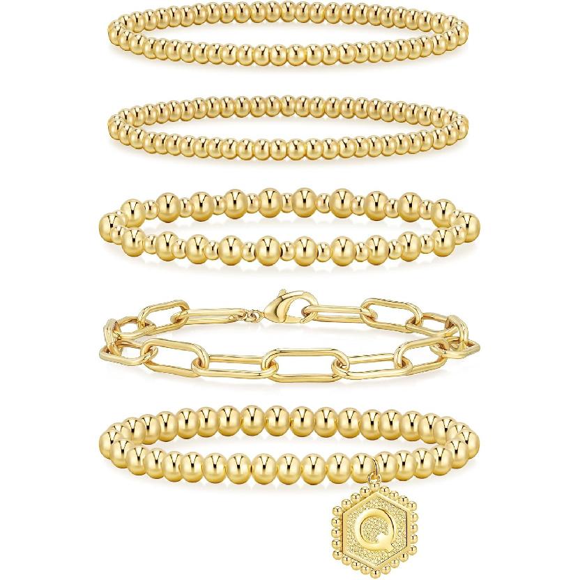 adoyi Gold Bracelets for Women Waterproof, 14K Gold Plated Beaded Strand Bead Ball Bracelets stack Adjustable Jewelry Set for Gifts