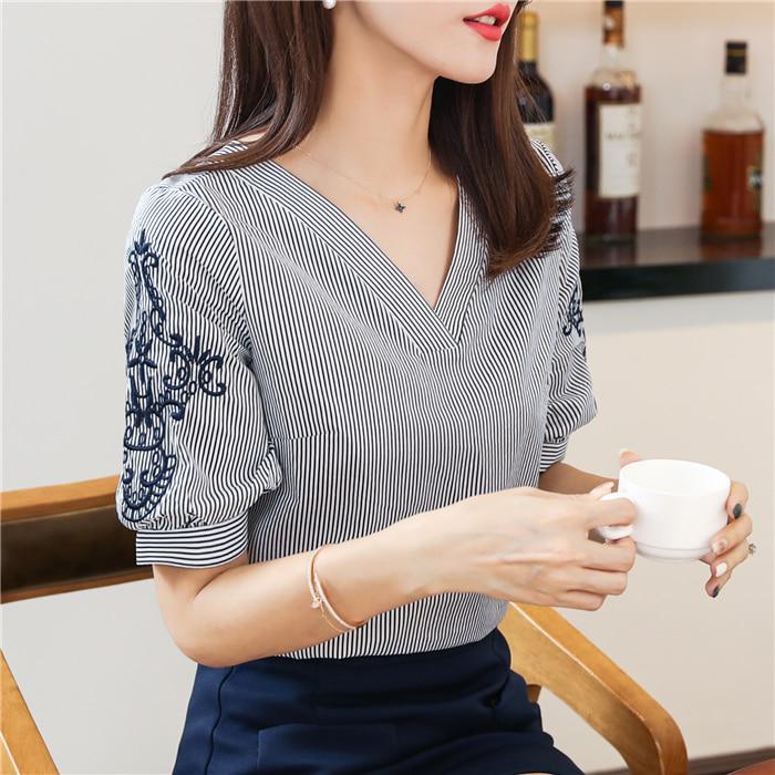 SURWENYUE Camicette estive in chiffon Camicie Top a righe moda Ricamo Manica corta Abbigliamento donna