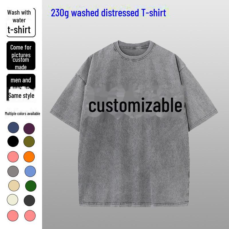 

[230g Washed Oversized Distressed Drop Shoulder T-shirt] Cross-Border Trendy European & American Print. Medium