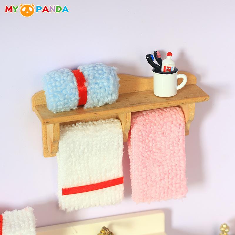 1 Set 1/12 Dollhouse Towel Rack Doll Accessories Scene Model Toys Mini Cosmetics Shelf Miniature Wooden Furniture Bathroom Kit