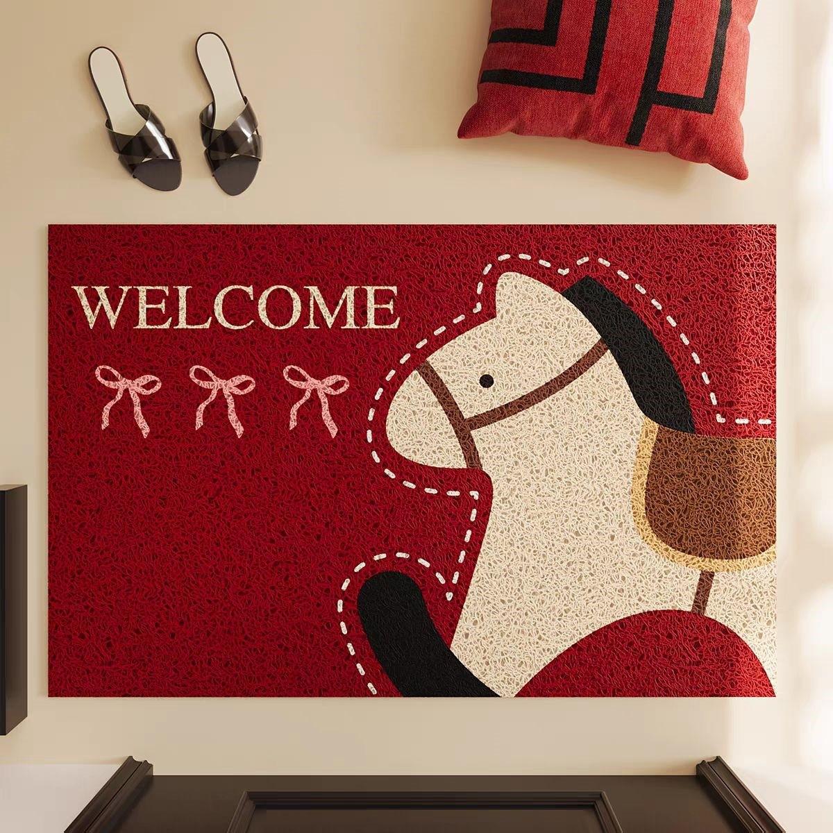 New Year Small Horse Non-Slip Cuttable Loop Pile Doormat - Scrapes Sand & Wipes Dirt for Entrances & Hallways 40x60cm