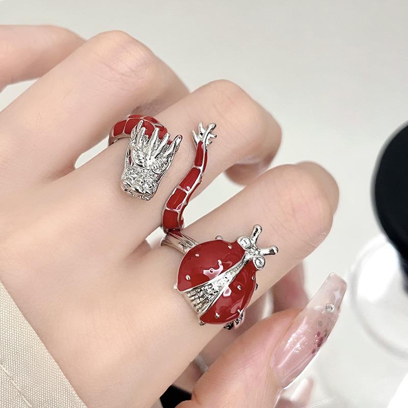 Red Seven-Star Ladybug Dragon-Shaped Enamel Dripping Open Ring Set Female Niche Design Personalized Index Finger Ring