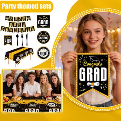 Graduation Themed Tableware For Student School Parties, Disposable Tablecloths, Paper Plates, And Tissue Sets.