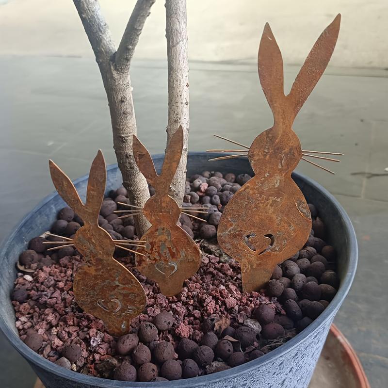 3pcs Rustic Metal Bunny Garden Stakes, Vintage Rusty Rabbit Yard Art Decor, Easter Bunny Ornaments, Patio Decoration