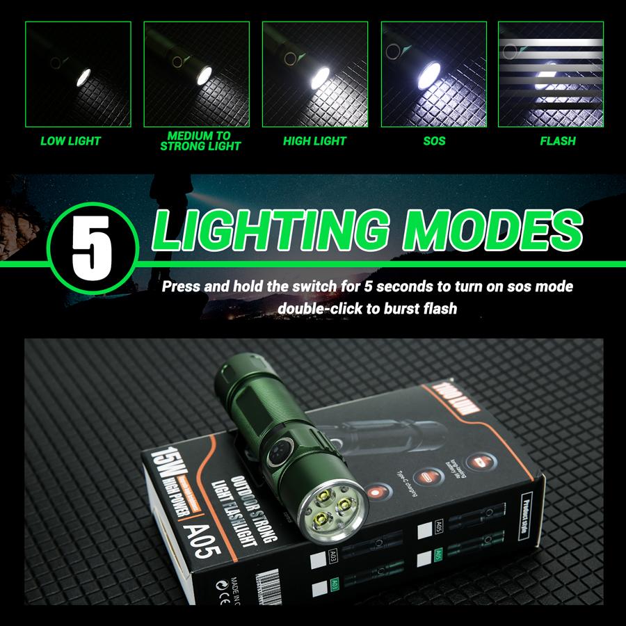 3 LED Super Bright Mini LED Flashlight 2000LM Portable EDC Torch TYPE-C Rechargeable IP68 Camping Lantern with Power Display