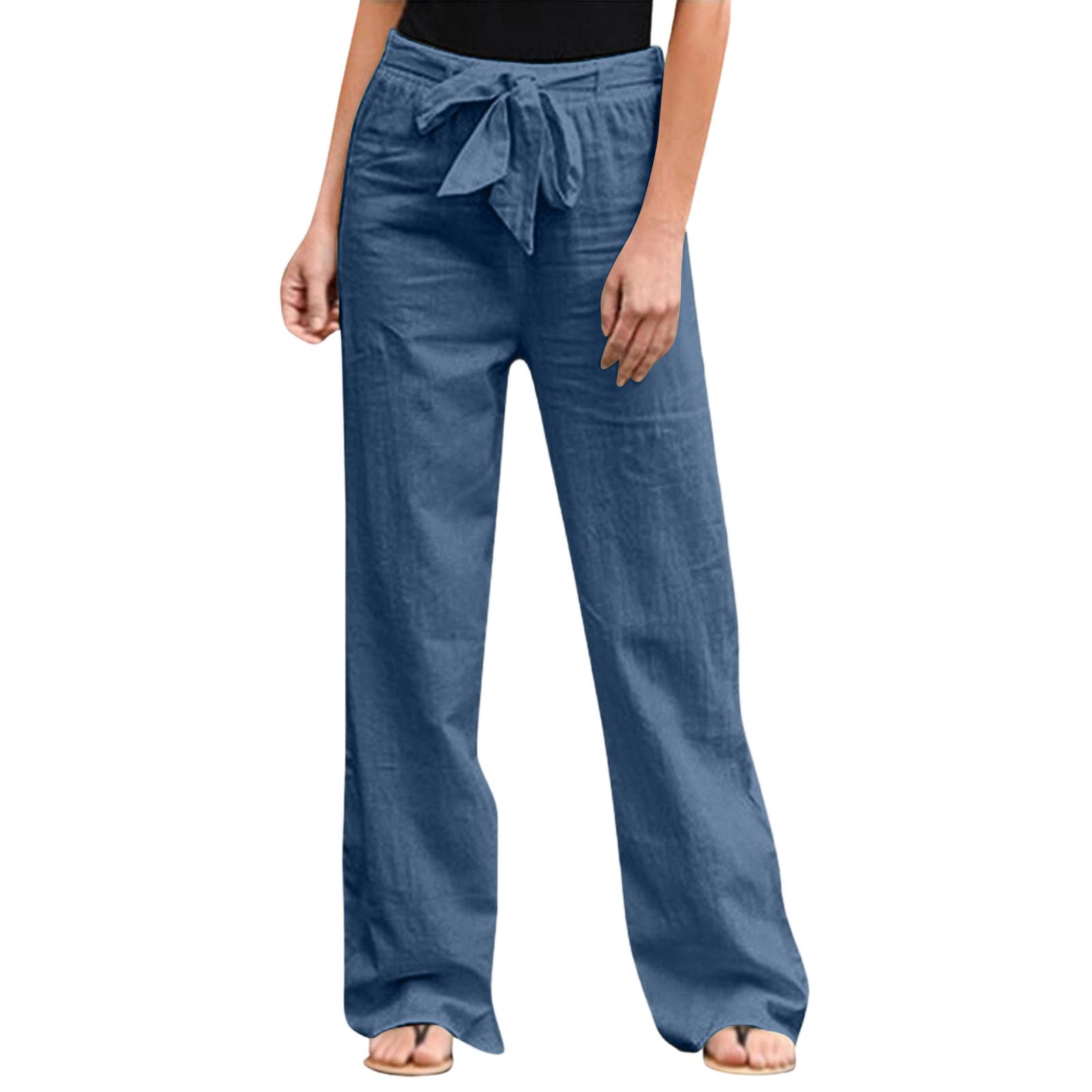 Women s Color Elastic Waist Breathable Loose Cotton And Linen Pants S