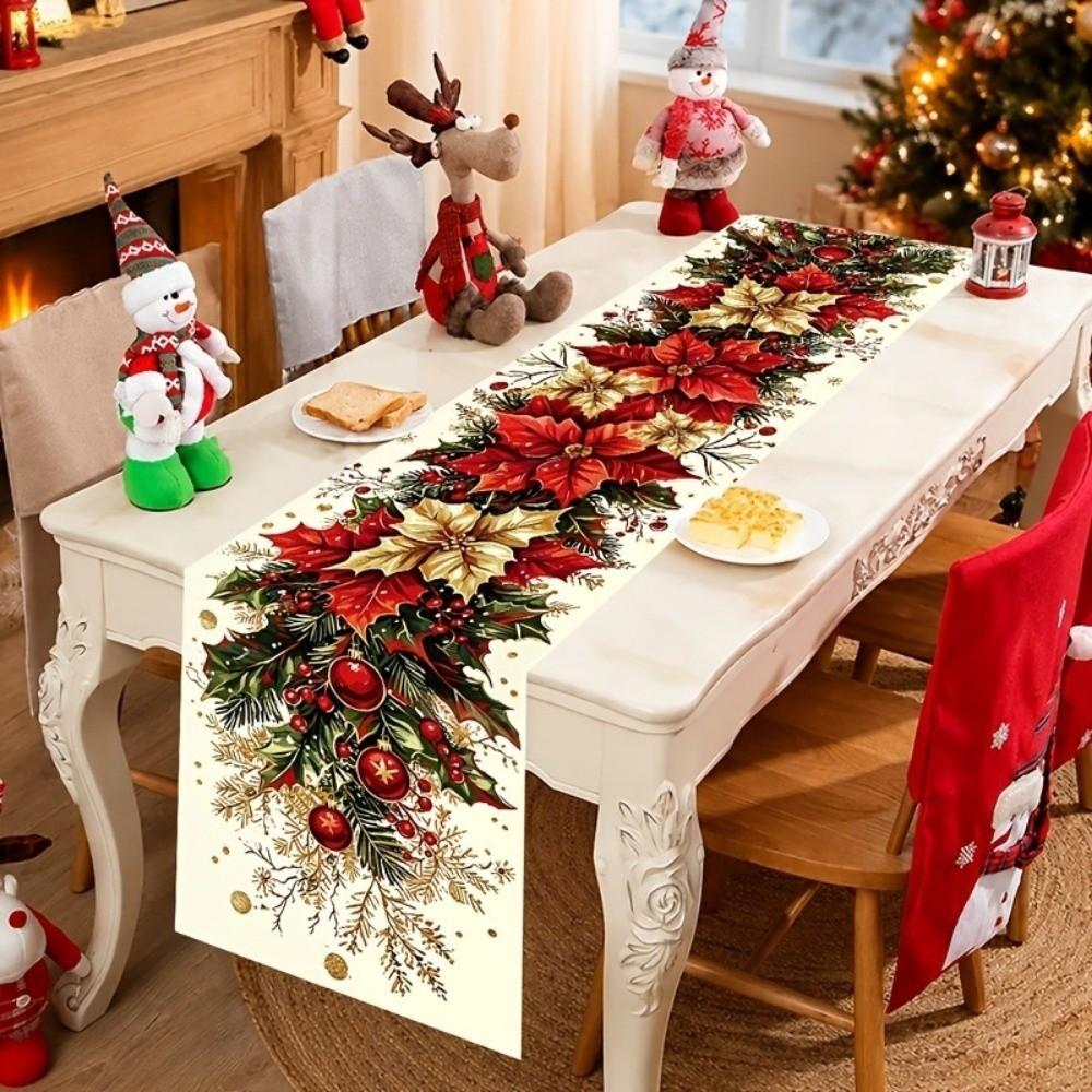 Santa Snowman Christmas Tablecloth Reindeer Poinsettia Table Runner Xmas Table Flag Kitchen