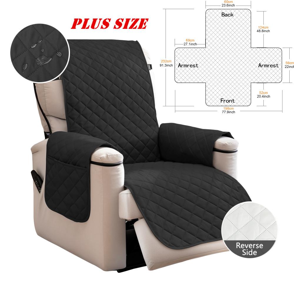 Quilted Recliner Sofa Cover Waterproof Armchairs Slipcovers Dogs Pets Kids Anti-Slip with Side Pockets Elastic Strap Protector