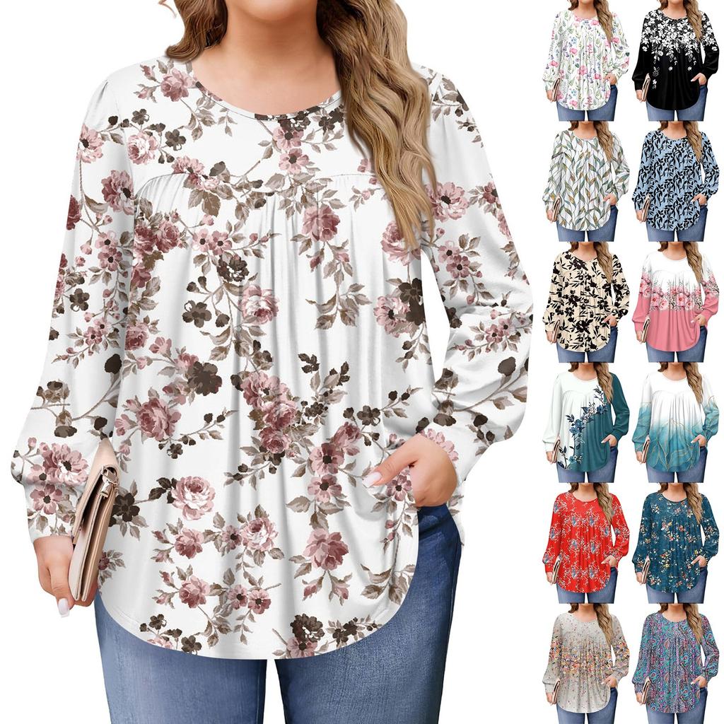 Dámské topy plus size košile s dlouhým rukávem kulatý výstřih splývavá tunika ležérní volná halenka L-5X