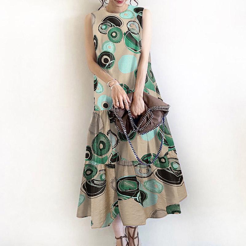 

ZANZEA Женское повседневное летнее платье с круглым вырезом, без рукавов, свободного кроя, с принтом 5XL зелёный