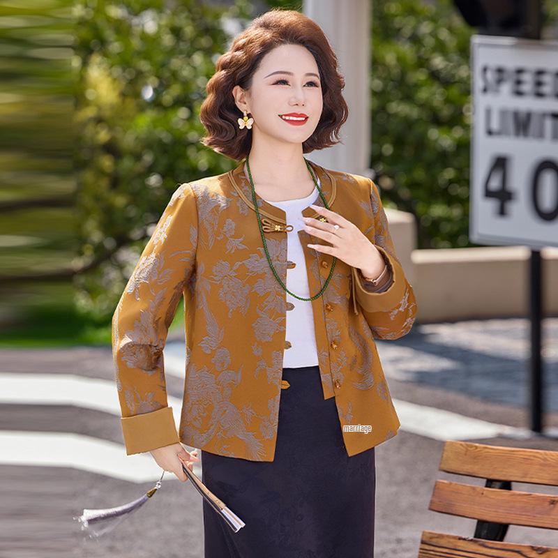 

Elegant Frog Button Jacket for Women: Stylish Chinese National Style for Middle-Aged Fashion 3XL (recommend 130-140 jin) жовтий
