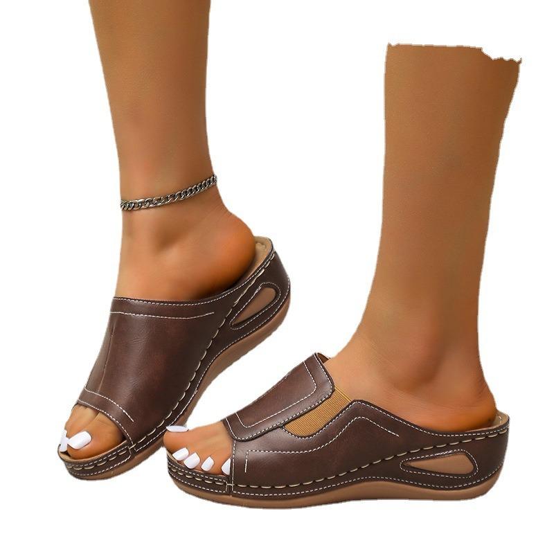 Thick-bottomed Open-toed Muffin Beach Slippers Women's Summer Slope Heel Lightweight Polyurethane Bottom One-word Cool Slippers