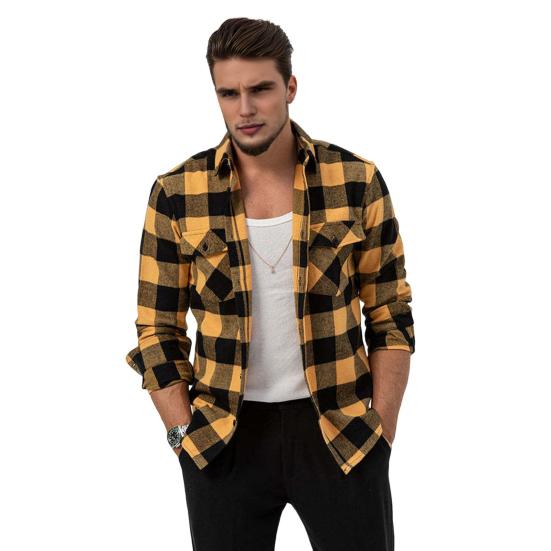 Men Casual Shirt Lapel Long Sleeve Plaid Print Shirt Tops Single Breasted Loose Fit Flap Pockets Shirt Tops
