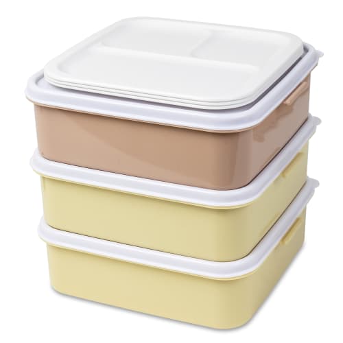 Sanko Plastic Rio Pack Bento Box/Picnic Case, 3 Tiers with 3 Side Plates, Earth Beige, Approx. 8.2" W X 7.7" D X 7.7" H
