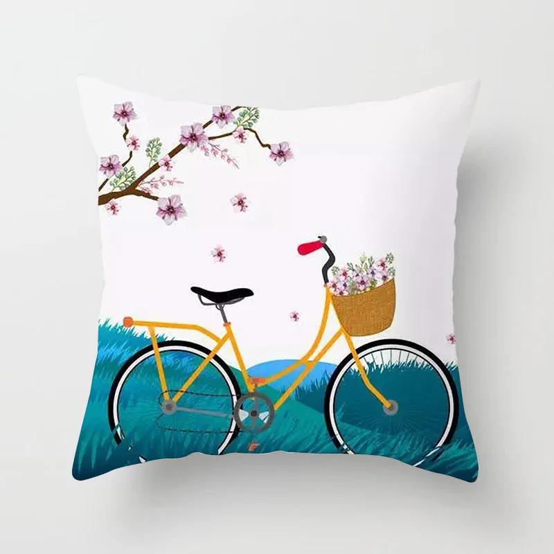 Home Decor Cushion Cover Living Room Bedroom Polyester Pillowcase Flower Bicycle Print Funda De Almohada